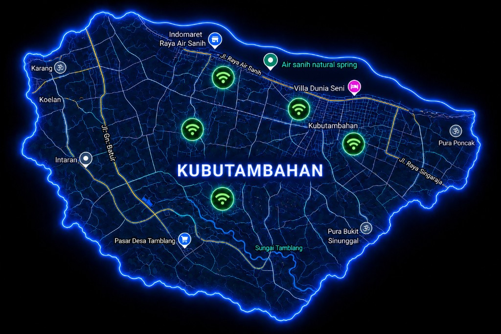 Peta jangkauan Kubutambahan: jalan utama, Sungai Tamblang, titik sinyal Wi‑Fi, serta lokasi seperti Indomaret Raya Air Sanih, Air Sanih natural spring, Villa Dunia Seni, dan Pasar Desa Tamblang.